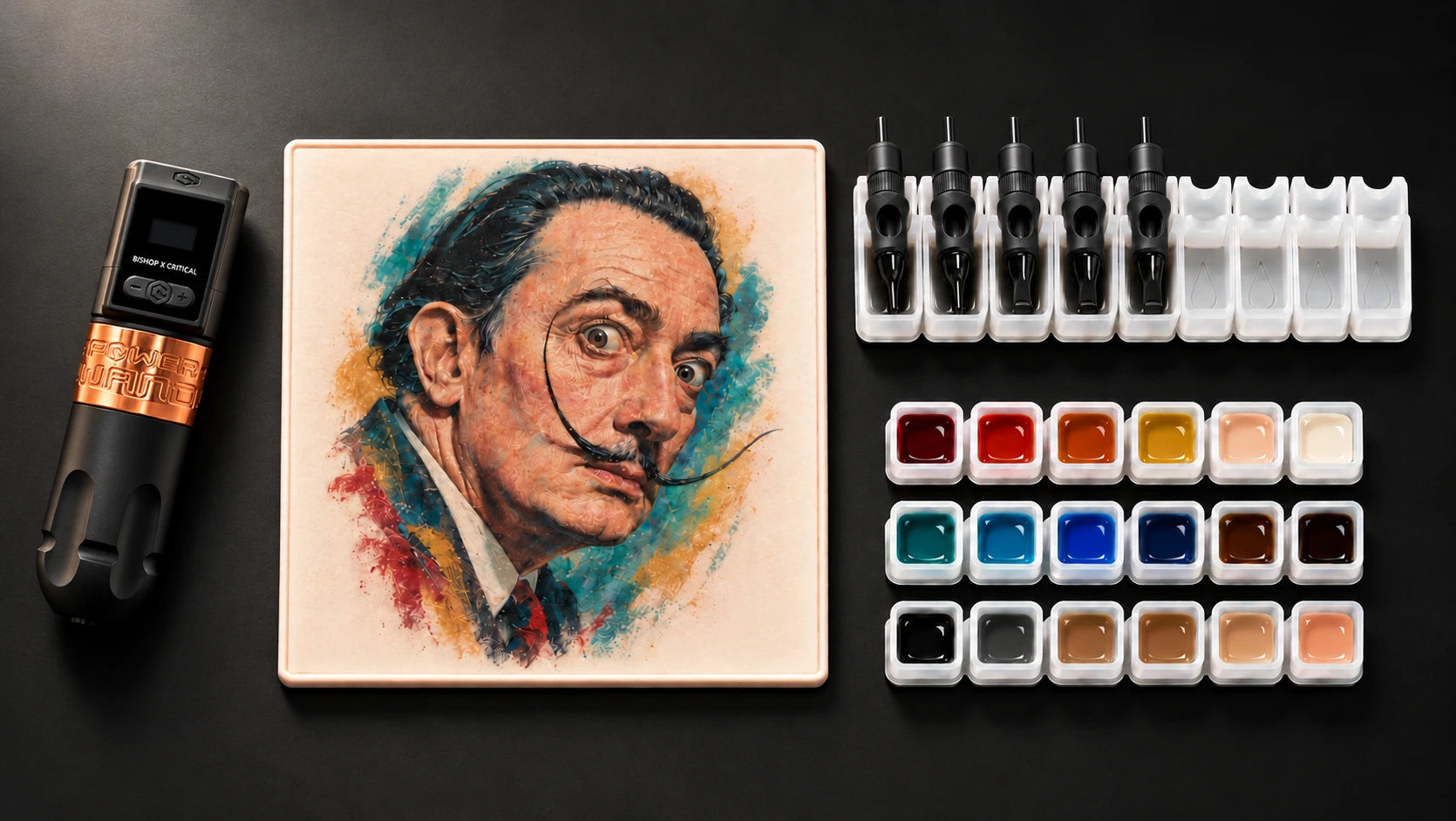 Plan de travail de tatouage vu du dessus : portrait de Salvador Dalí en couleur sur peau synthétique, godets d’encres variées, cartouches sur leur support et machine à tatouer noire.